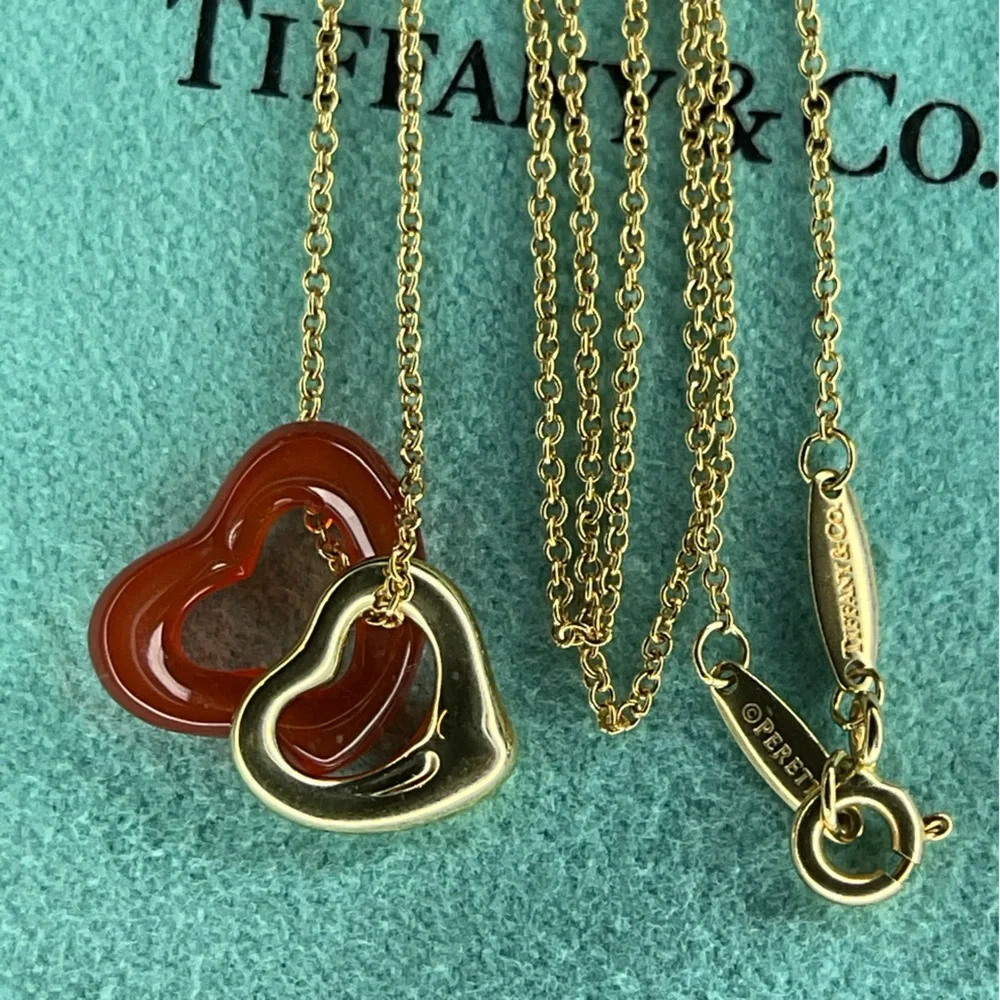 Tiffany Double Open Heart Carved Red Carnelian 18K Yellow Gold Necklace 18" - Picture 9 of 15